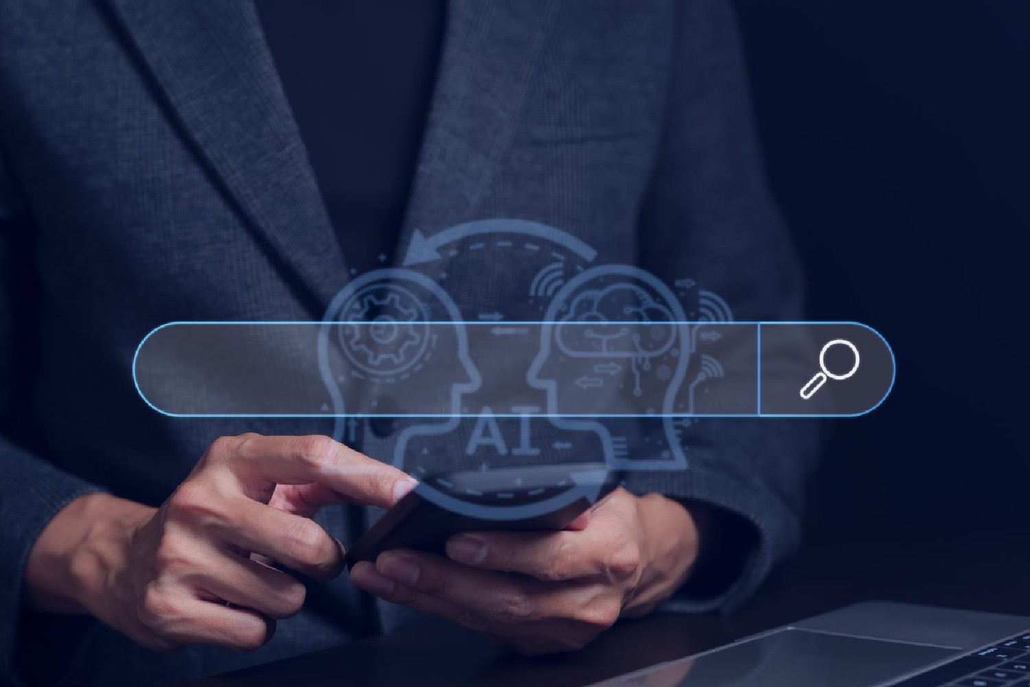 Businessman using smartphone and data searching by method