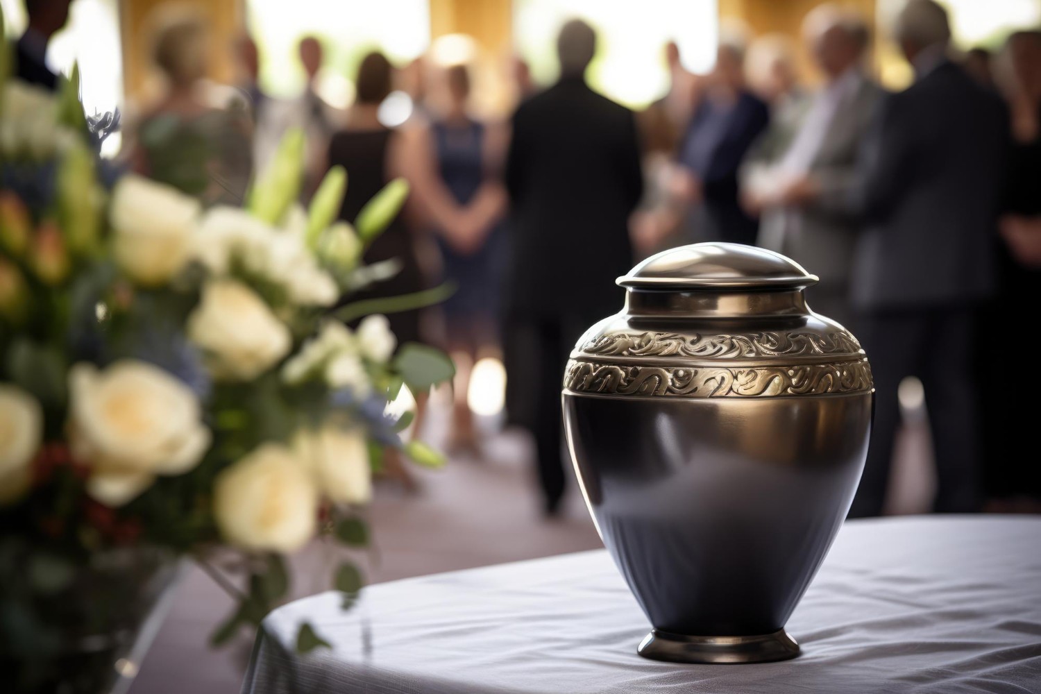 Metal urn at funeral with mourning people in background